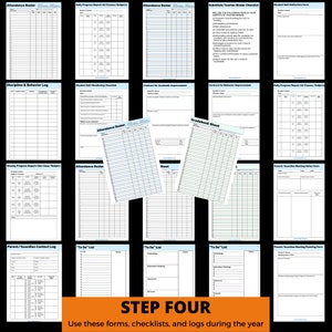 May include: A collection of printable forms, checklists, and logs for teachers. The forms are designed to help teachers manage their classrooms and students throughout the school year. The forms include attendance rosters, grade sheets, behavior logs, and more. The text "STEP FOUR" is printed in a large font at the bottom of the image.
