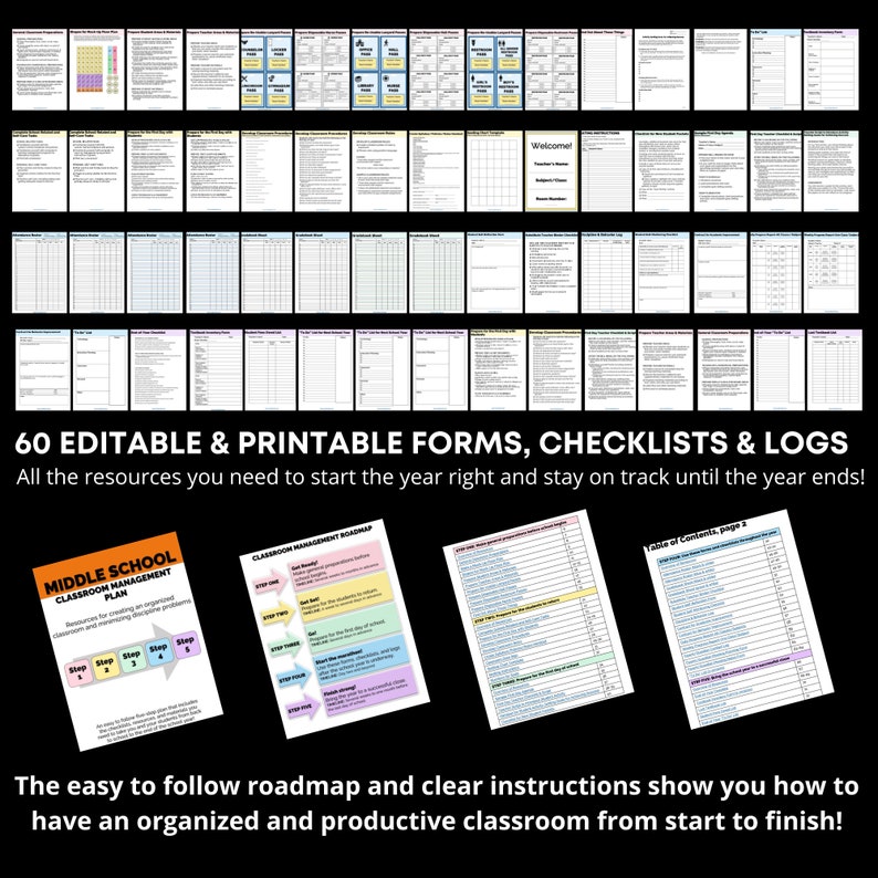 May include: A collection of 60 printable forms, checklists, and logs for middle school classroom management. The resources include a classroom management roadmap, a table of contents, and various forms for tracking student progress and behavior. The text "60 EDITABLE & PRINTABLE FORMS, CHECKLISTS & LOGS" is displayed at the top of the image.