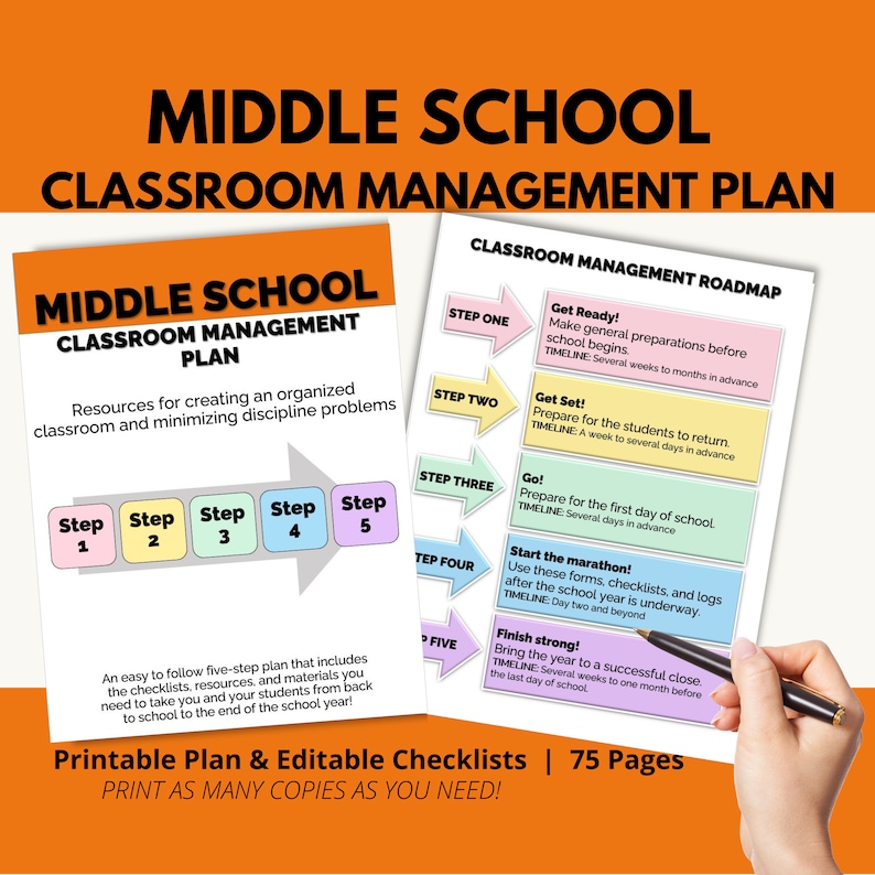 May include: A printable classroom management plan for middle school teachers. The plan includes five steps with checklists and resources to help teachers create an organized classroom and minimize discipline problems. The plan is designed to be used throughout the school year, from the beginning of the school year to the end of the school year. The plan is available in printable format and includes 75 pages of editable checklists.