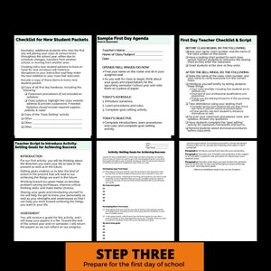 May include: A checklist and script for teachers to use on the first day of school. The checklist includes steps for before and after the bell rings. The script includes an introduction, activity, and assessment for setting goals for achieving success. The document also includes a sample first day agenda.