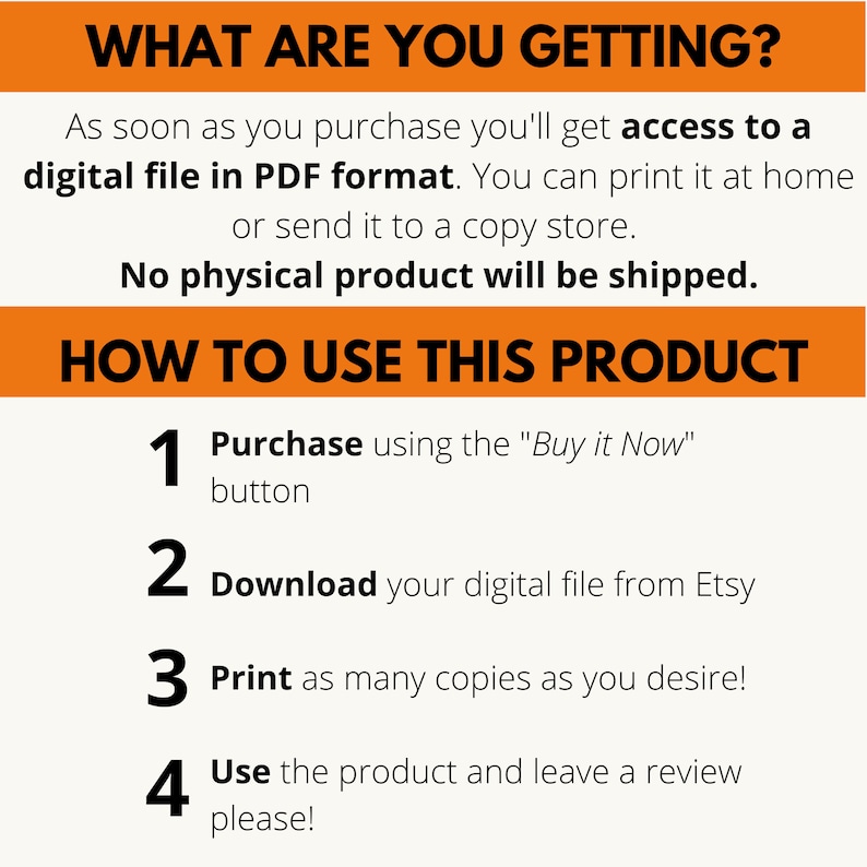 May include: A digital download guide with instructions on how to purchase, download, print, and use a digital product. The guide includes the text "WHAT ARE YOU GETTING?" and "HOW TO USE THIS PRODUCT".