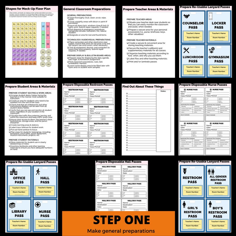 May include: A printable classroom management chart with a step-by-step guide for preparing a classroom. The chart includes sections for preparing teacher areas, student areas, and materials, as well as preparing disposable passes for the restroom, nurse, and hallway. The chart also includes a section for preparing re-usable lanyard passes for counselor, locker, lunchroom, gymnasium, office, hall, library, and nurse.