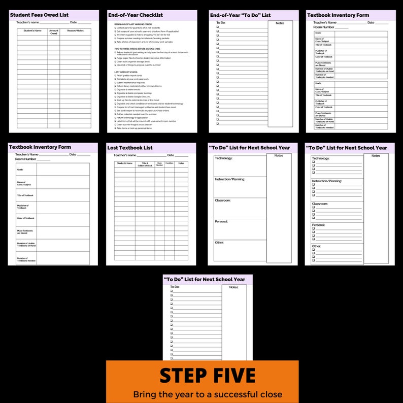 May include: A printable checklist for teachers to help them organize their end-of-year tasks. The checklist includes sections for student fees owed, textbook inventory, lost textbooks, and "To Do" lists for the next school year. The checklist is designed to help teachers bring the year to a successful close.