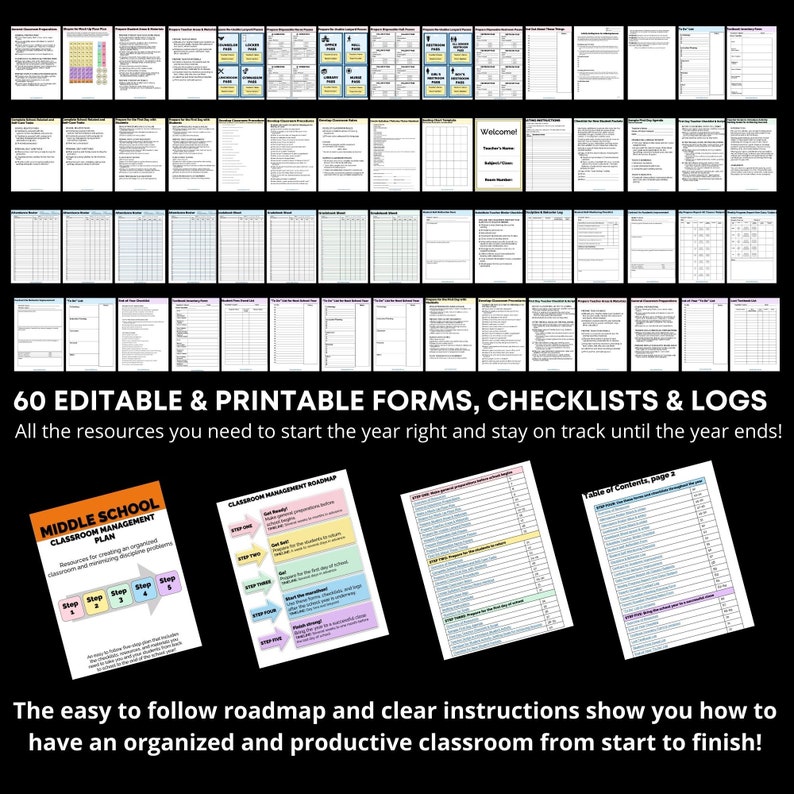 May include: A collection of 60 printable forms, checklists, and logs for middle school classroom management. The resources include a classroom management roadmap, a table of contents, and various forms for tracking student progress and behavior. The text "60 EDITABLE & PRINTABLE FORMS, CHECKLISTS & LOGS" is displayed at the top of the image.