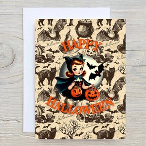 Biglietto d'auguri spettrale di ispirazione vintage 5x7 Happy Halloween Bat Strega Dolcetto o scherzetto Ragazza caduta vuota all'interno con busta