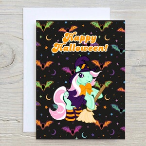 Cartão de felicitações assustador inspirado em pequeno pônei 5x7 feliz dia das bruxas fantasia de bruxa pônei outono aniversário em branco dentro com envelope