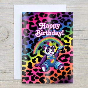 Vintage geïnspireerde gelukkige verjaardagswenskaart 5 x 7 - 80's 90's Rainbow Panda verjaardag blanco binnenkant met envelop
