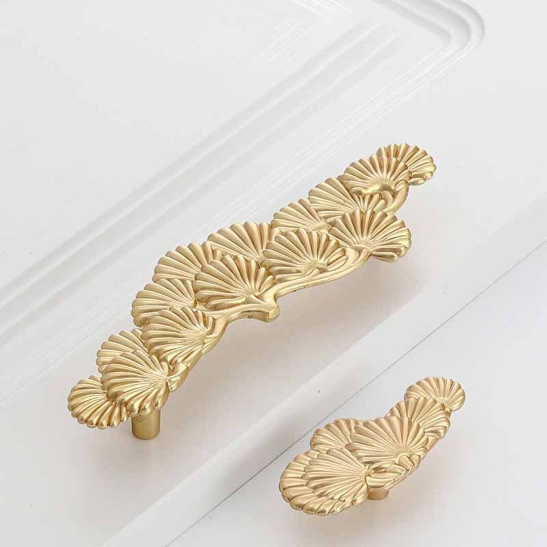 Brass Shell Drawer Knobs, Golden Matte Handles Pulls, Gold