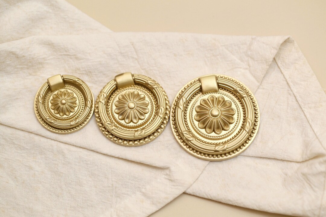 Brass Daisy Knobs, Gold Circular Flower Drawer Handles Pulls