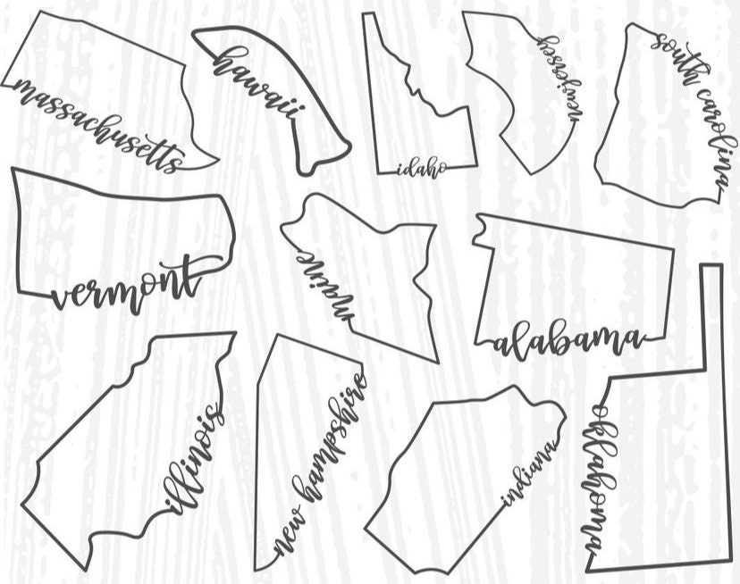 State In Cursive 50 States Outline, 50 States Cursive Outline, United States of America ...