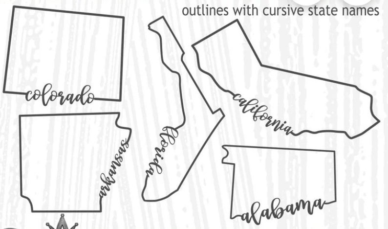 State In Cursive 50 States Outline, 50 States Cursive Outline, United States of America ...