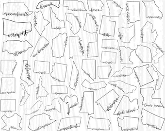 May include: A black and white outline map of the United States with each state labeled. The states are arranged in a random pattern.
