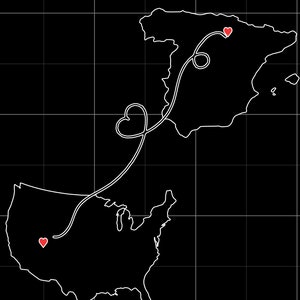 May include: A black and white map with a white line connecting two red hearts. The line starts in the United States and ends in Spain.