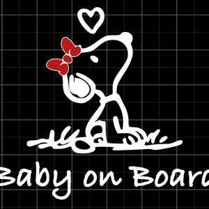 Naklejka Baby on Board, Snoopy, Belle Snoopy, Woodstock, Beagle, Psy, Prezenty dla niej, Prezenty dla niego, Prezenty na Baby Shower, Prezenty dla rodziców