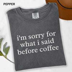 May include: Pepper-colored t-shirt with the text "I'm sorry for what I said before coffee" in white. The shirt has a crew neck and a Comfort Colors tag. A brown hat is visible in the background.