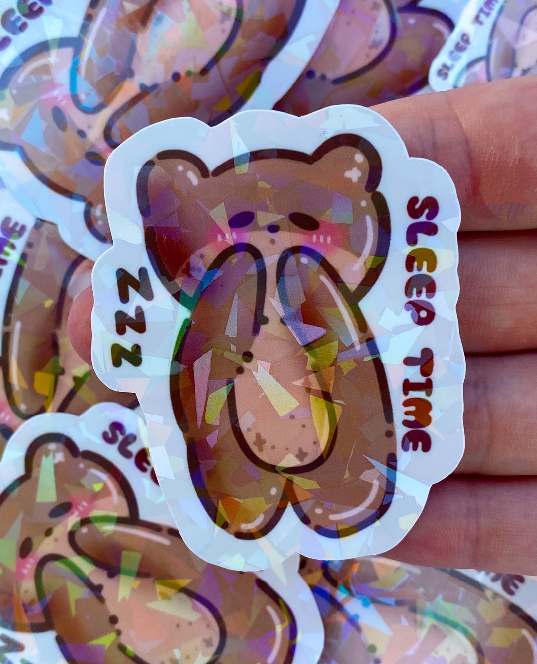 Sleep Time Bear Sticker, Kawaii Sticker, Holographic Sticker, Brown ...