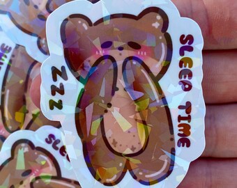 Adesivo Sleep Time Bear, adesivo kawaii, adesivo olografico, adesivo marrone, adesivo per dormire, adesivo per laptop, adesivo carino