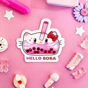 Hello Boba Sticker, kawaii sticker, pink, 3" sticker, large sticker,