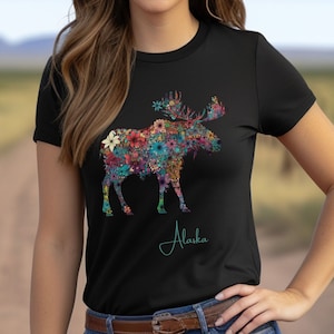 Alaska Floral Moose Shirt, State of Alaska T-Shirt, Rugged Alaska Shirt, Cute Nature Shirt, Boho Alaska shirt, Retro Alaska Shirt