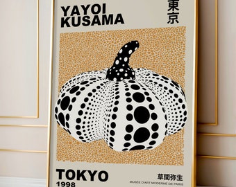 Yayoi Kusama inspirierte weißer Kürbis Poster, japanische moderne Kunst - Orange Dot Japandi Wanddekor