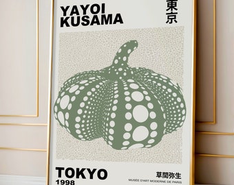 Yayoi Kusama inspiriertes grünes Kürbis-Poster, japanische minimalistische Kunst – zeitgenössische Wandkunst im Japandi-Stil