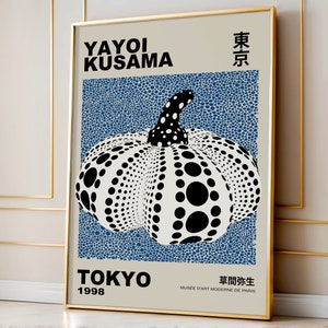 Yayoi Kusama Inspired Poster, Japanese Contemporary Art Print - Minimalist Blue Dot & White Pumpkin Wall Art, Japandi Home Decor