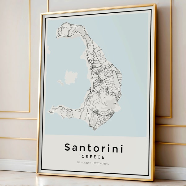 Santorini Map, Santorini Map Print, Santorini Print, Santorini Poster, Santorini Map Art, Map of Santorini Wall Art,Santorini Island Map,