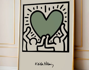 Stampa artistica da parete con cuore d'amore di Keith Haring, poster d'arte moderna colorata, stampa di mostra verde, stampa di artista famoso, decorazione della casa da parete della galleria