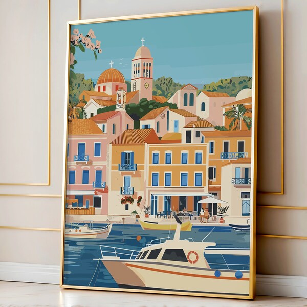 Aegina Greece Poster: FSC-Certified Vibrant Harbour View Art Print