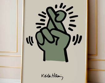 Stampa artistica da parete con dita incrociate di Keith Haring, poster d'arte moderna colorata, stampa di mostra verde, stampa di artista famoso, decorazione della casa da parete della galleria