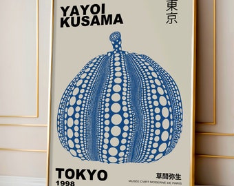 Yayoi Kusama Kürbis Kunstplakat, Yayoi Kusama Ausstellung, Japanische Kunst, Kusama Plakat, Yayoi Kusama Netze, schwarz und blau Plakat