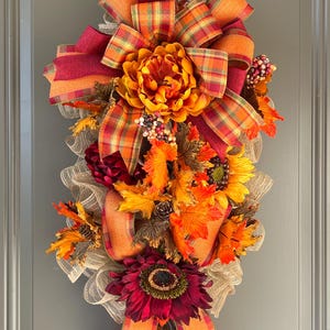 Handcrafted Fall Wreath with Red Sunflower and Rich Yellow and Orange Accents - Perfect Autumn Door Decor.