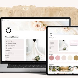 Image of wedding planner notion template on the screen of a laptop and tablet.