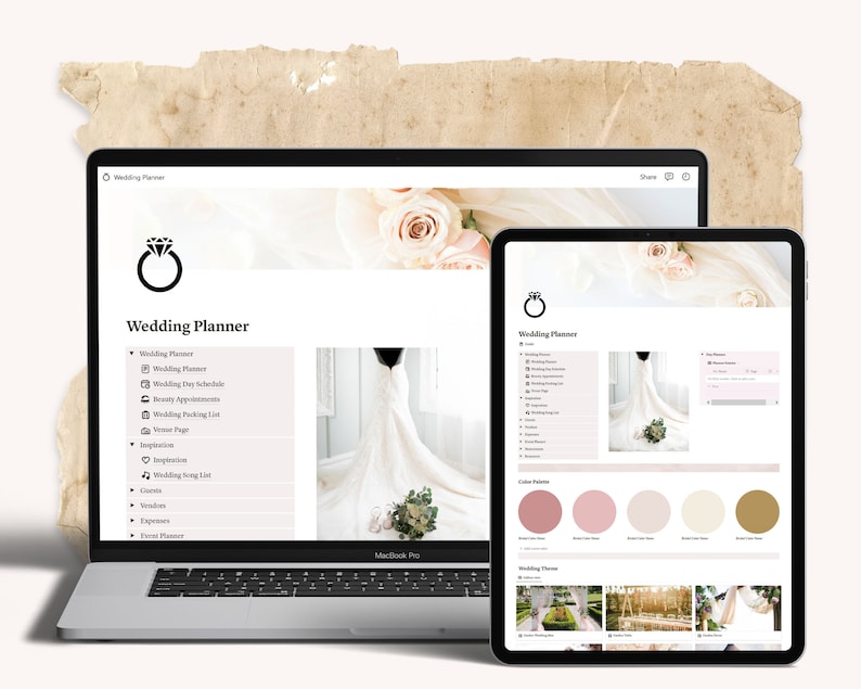 Image of wedding planner notion template on the screen of a laptop and tablet.