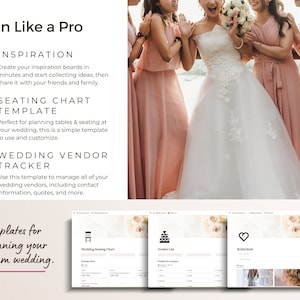 Screenshots of wedding inspiration boards, seating chart template and wedding vendor tracker.