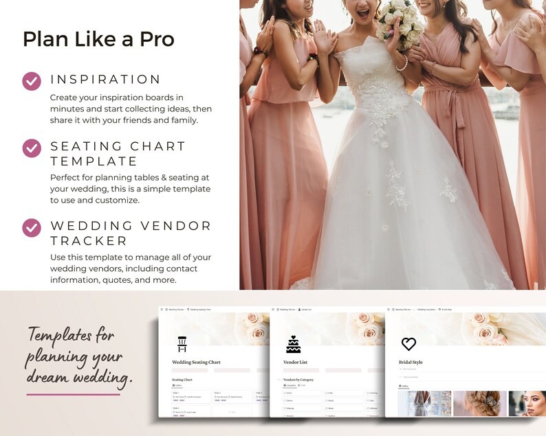 Screenshots of wedding inspiration boards, seating chart template and wedding vendor tracker.
