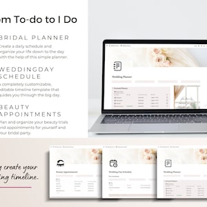 Screenshots of daily planner, wedding day schedule template, and beauty appointment tracker.