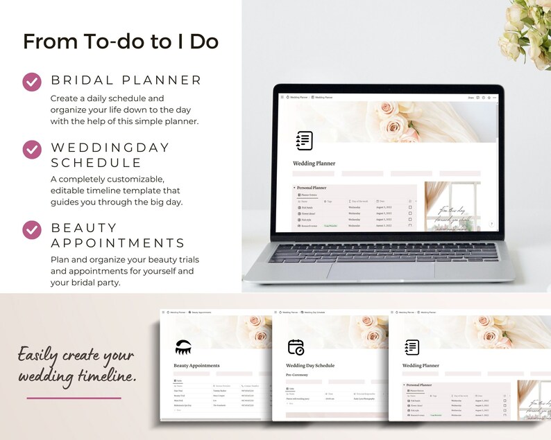 Screenshots of daily planner, wedding day schedule template, and beauty appointment tracker.