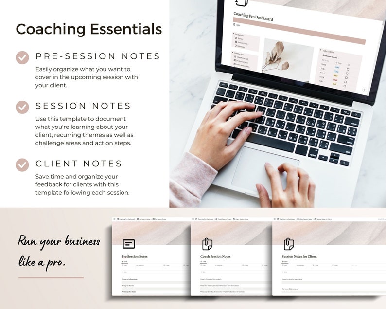 Screenshots of pre session notes for coaching, session notes for coach and session notes for client.