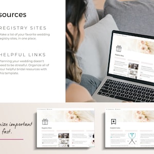 Screenshots of wedding registry sites tracker and helpful links tracker.