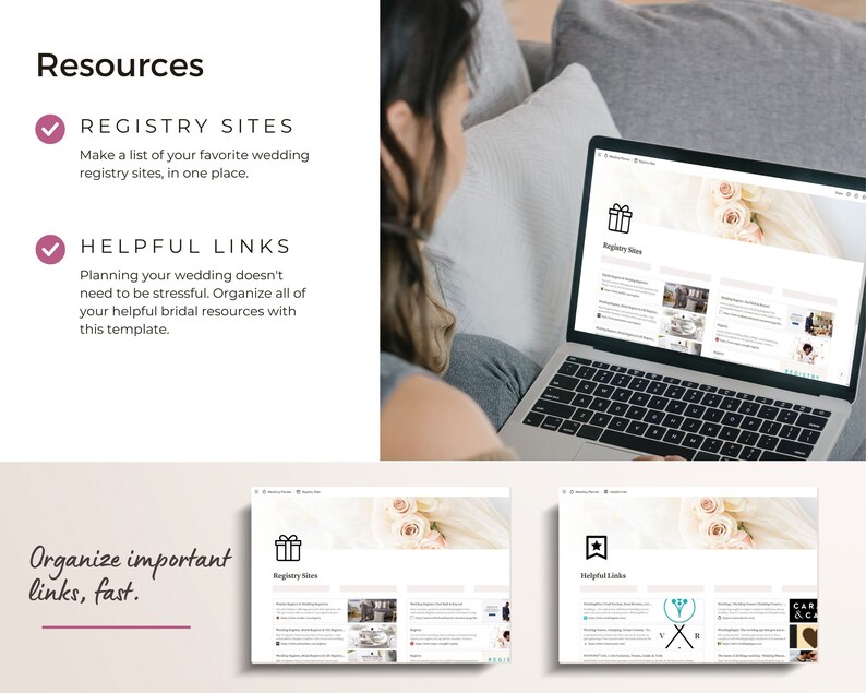 Screenshots of wedding registry sites tracker and helpful links tracker.