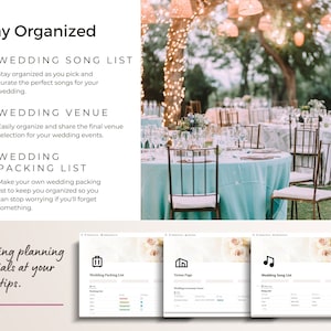 Screenshots of wedding song list, wedding venue template and wedding packing list.