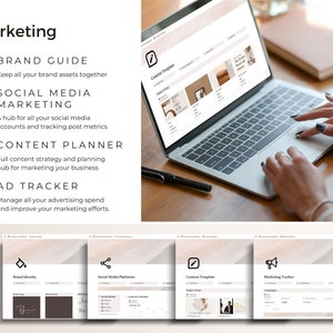 Screenshots of brand guide, social media marketing templates content planner and ad campaign tracker.