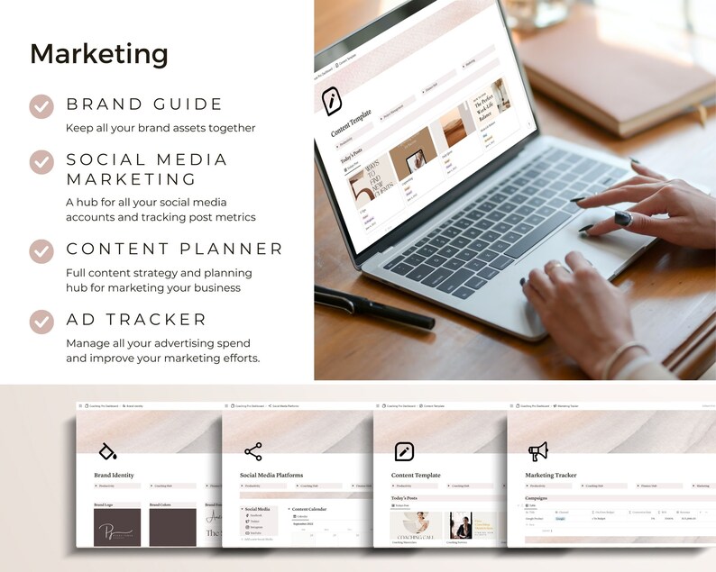 Screenshots of brand guide, social media marketing templates content planner and ad campaign tracker.