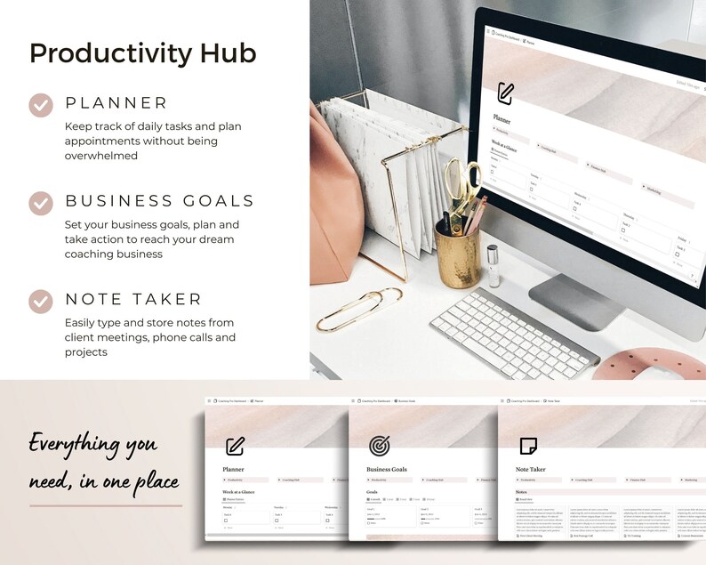 Screenshots of productivity planner, business goals and note taker.