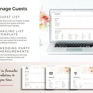 Screenshots of guest list tracker, mailing list template and wedding party measurements.