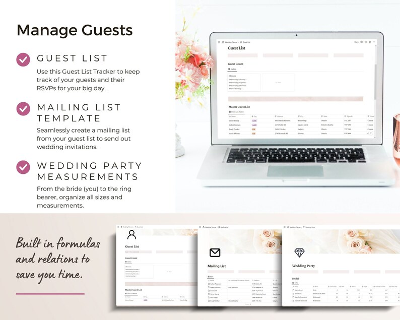 Screenshots of guest list tracker, mailing list template and wedding party measurements.