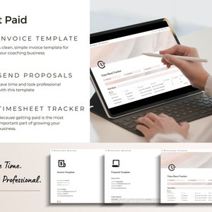 May include: A screenshot of a computer screen showing a time sheet tracker, invoice template, and proposal template. The text "Get Paid" is at the top of the screen. The text "Save Time. Look Professional." is at the bottom of the screen.