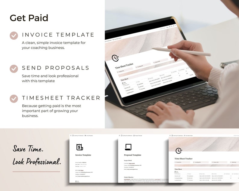 May include: A screenshot of a computer screen showing a time sheet tracker, invoice template, and proposal template. The text "Get Paid" is at the top of the screen. The text "Save Time. Look Professional." is at the bottom of the screen.