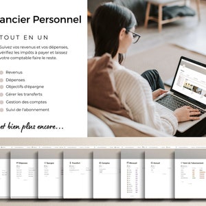 Pu&ograve; includere: Una donna &egrave; seduta su un divano e usa un computer portatile per gestire le sue finanze personali. Lo schermo mostra un sito web con schede per entrate, spese, obiettivi di risparmio, trasferimenti, gestione dei conti e monitoraggio degli abbonamenti. Il testo sullo schermo dice "Financier Personnel" e "Tout en un".